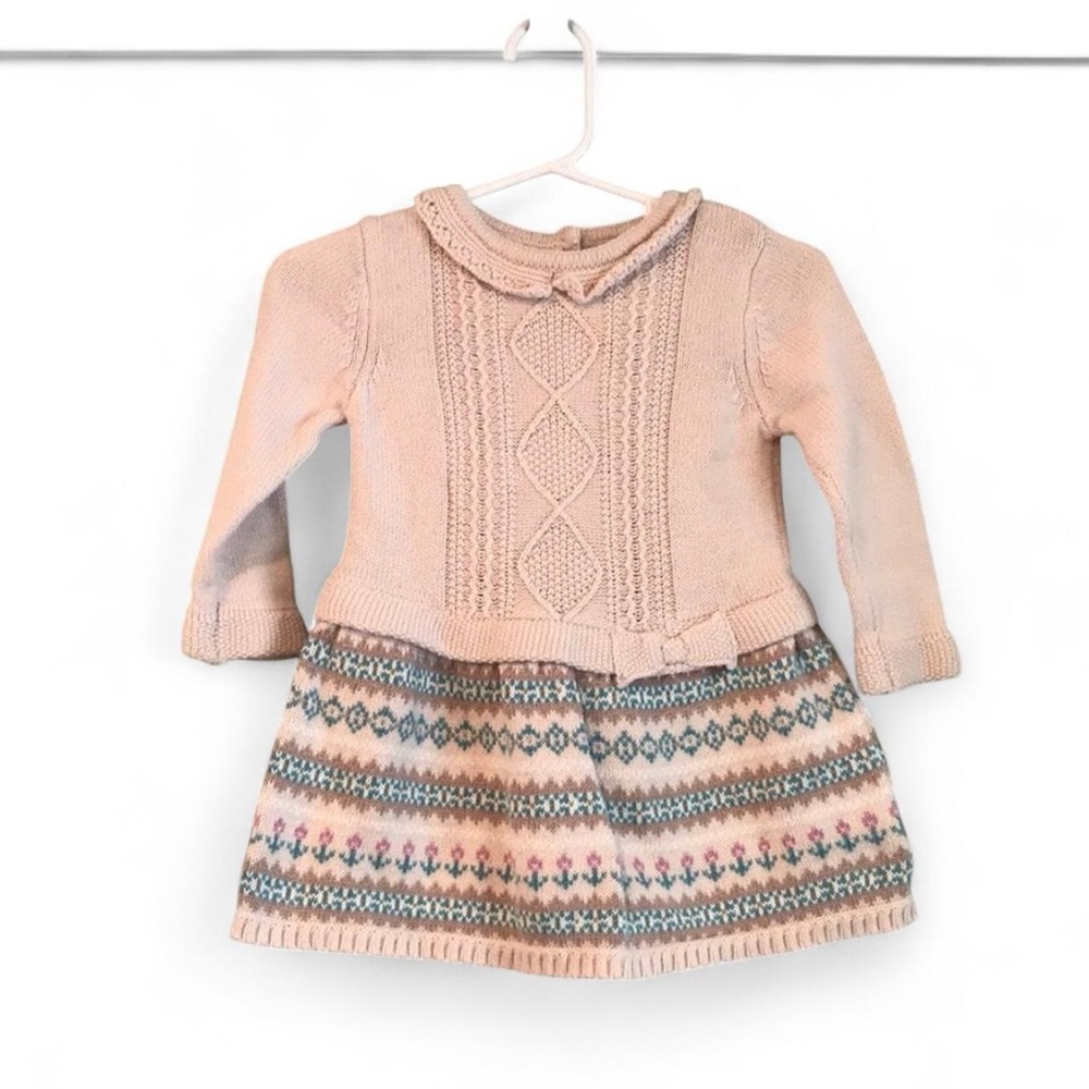 Maggie & Zoe Baby 6-9MBeige Blue Patterned Cotton Long Sleeve Knit Sweater Dress